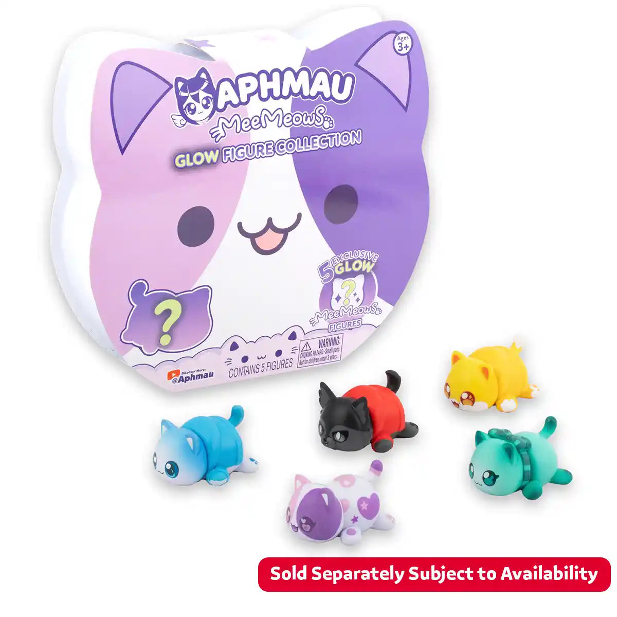 Aphmau & Friends Mystery Figures Glow Multi Pack, 5 Piece Collectible Cat Figures, Exclusive Glow in The Dark Characters Aphmau Cat, Noi Cat, Kim Cat, Pierce Cat, Aaron Cat, Official Aphmau Merchandise