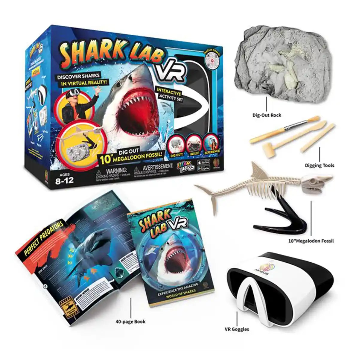مجموعة أدوات الواقع الافتراضي STEAM Shark Lab من Abacus Brands مع نظارات الواقع الافتراضي، وكتاب مصور من 40 صفحة ومجموعة أنشطة التنقيب عن حفريات الميجالودون، لعبة تعليمية للأطفال من سن 8 سنوات فما فوق