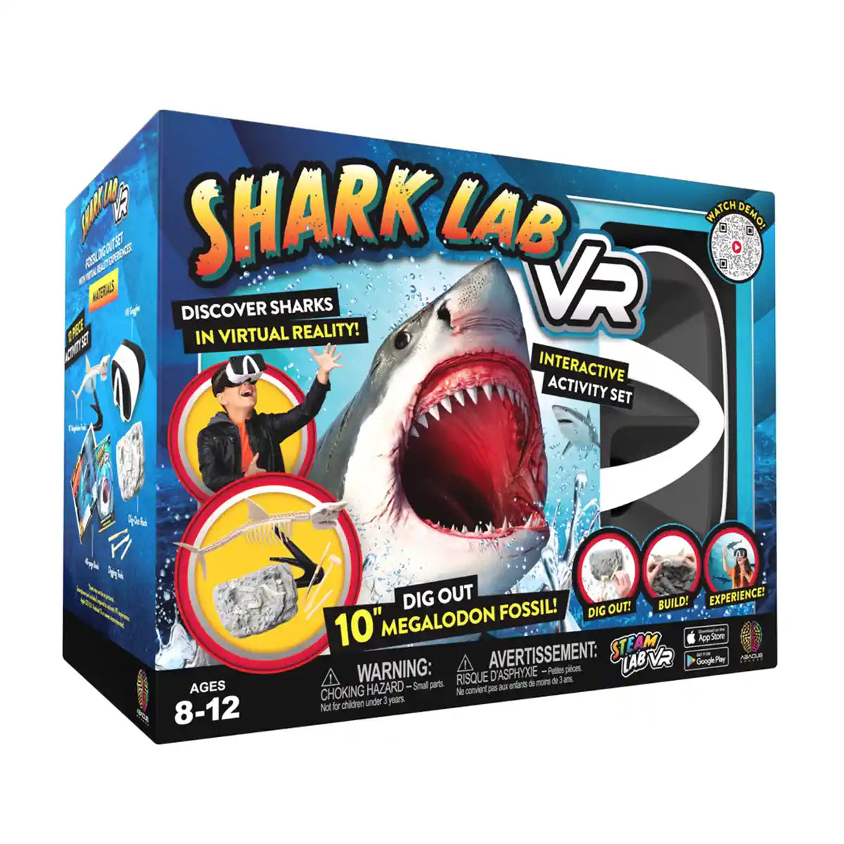 مجموعة أدوات الواقع الافتراضي STEAM Shark Lab من Abacus Brands مع نظارات الواقع الافتراضي، وكتاب مصور من 40 صفحة ومجموعة أنشطة التنقيب عن حفريات الميجالودون، لعبة تعليمية للأطفال من سن 8 سنوات فما فوق