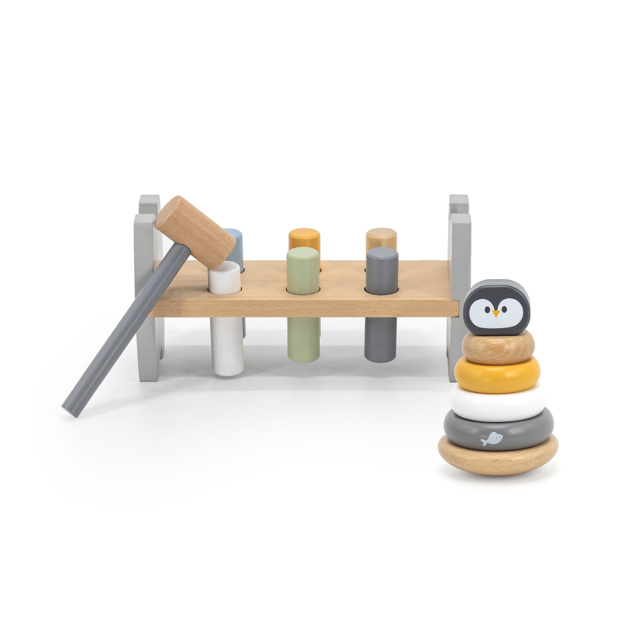 مقعد التكديس والضرب من PolarB Penguin، لعبة خشبية للأطفال 2 في 1 مع مقعد التكديس والضرب، تنمي المهارات الحركية الدقيقة والتنسيق بين اليد والعين، للأعمار من 12 شهرًا فما فوق