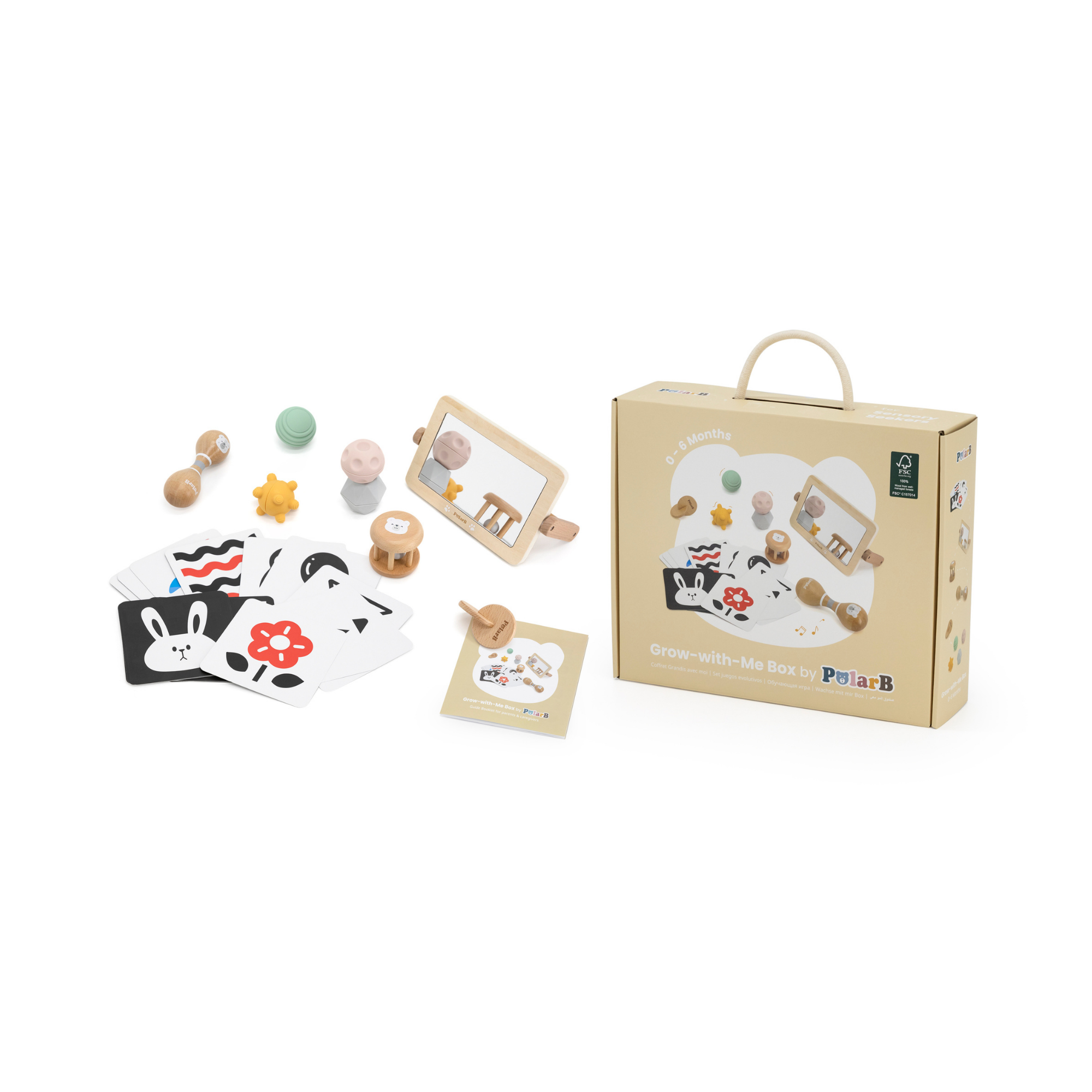 صندوق PolarB FSC Grow-with-Me Sensory Seekers، مجموعة ألعاب حسية مستوحاة من مونتيسوري للأطفال من عمر 0 إلى 6 أشهر، تتضمن بطاقات عالية التباين، ومرآة، وماراكاس، وخشخيشة، وأقراص، وكرات ذات ملمس مميز