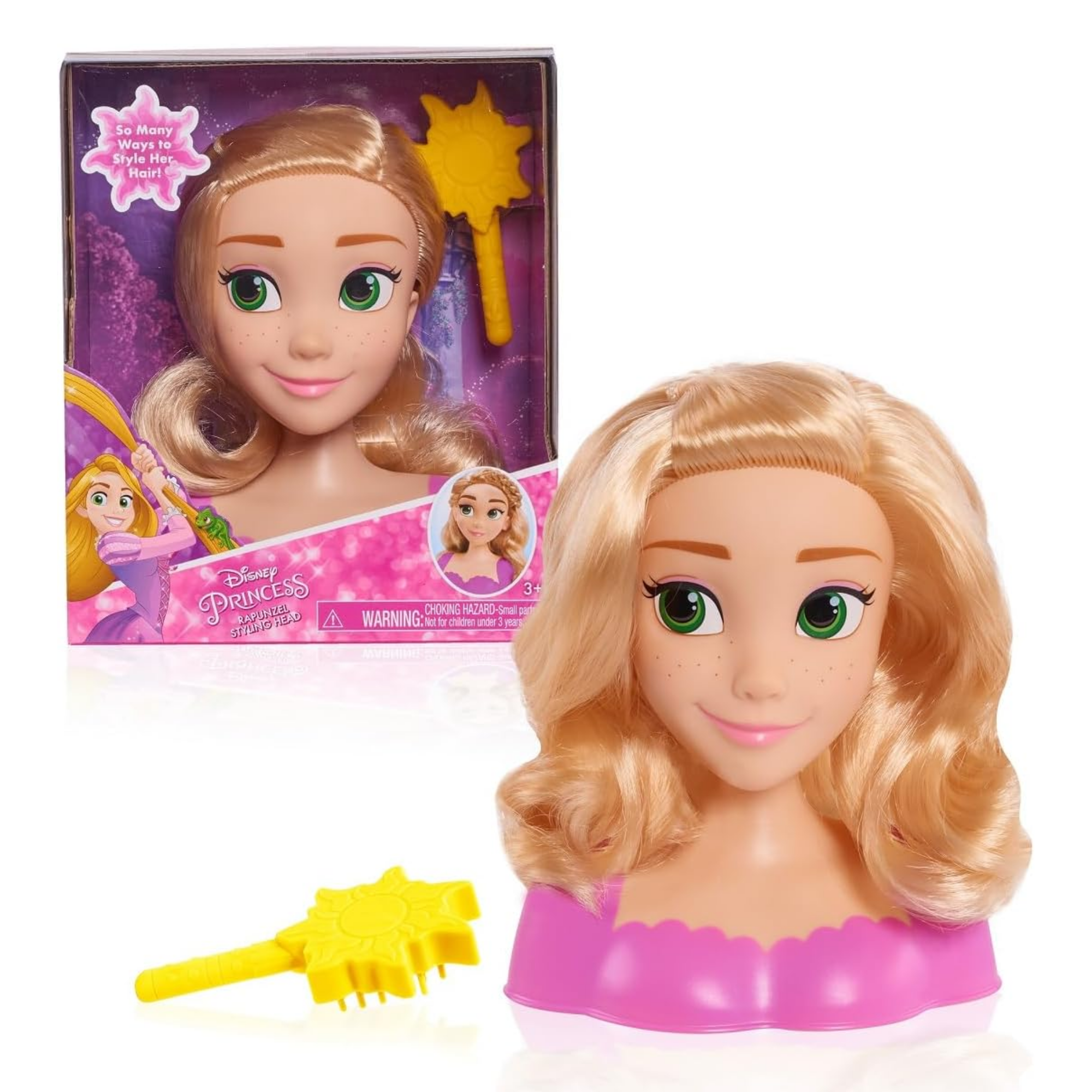Disney Princess 2 Piece Tangled Styling Head Featuring Rapunzel, 5" Inch Blonde Hair Pretend Play Set, Officially Licensed Kids Role Play Toy for Ages 3 & Up by Just Play