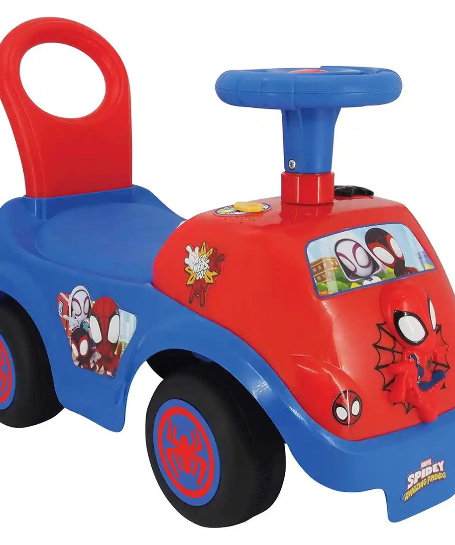 Kiddieland Spidey Team Ride-On, Toddler Activity Car, Flashing Lights, Interactive Dashboard, Marvel Spiderman Toy, Large Ride-On for Kids