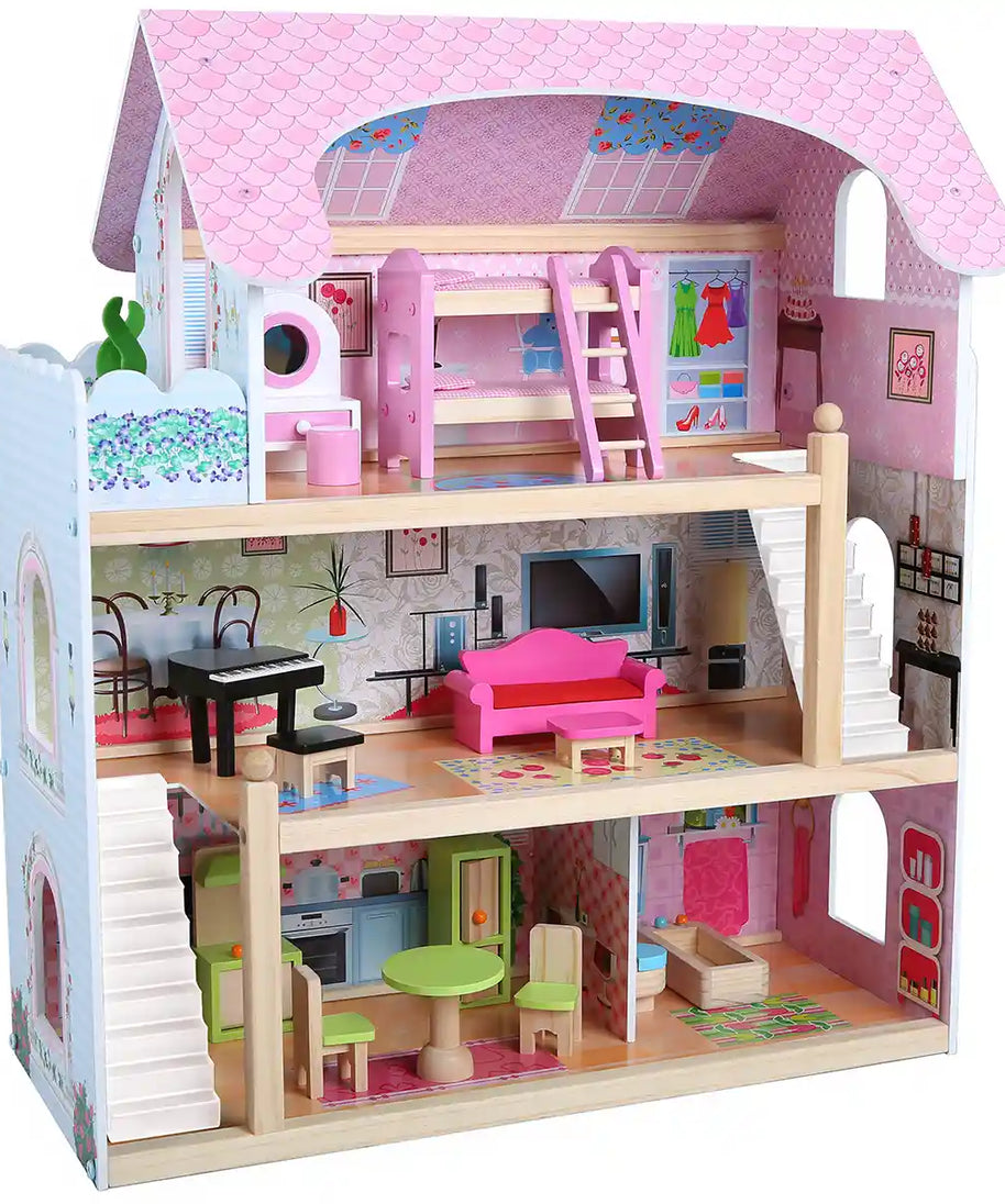 EduFun Wooden Dollhouse with Balcony for Toddlers, 3 Floor Large Doll Villa with 4 Rooms, Stairs, 15 Piece Furniture Accessories, Educational Pretend Play Toy for Kids 3+