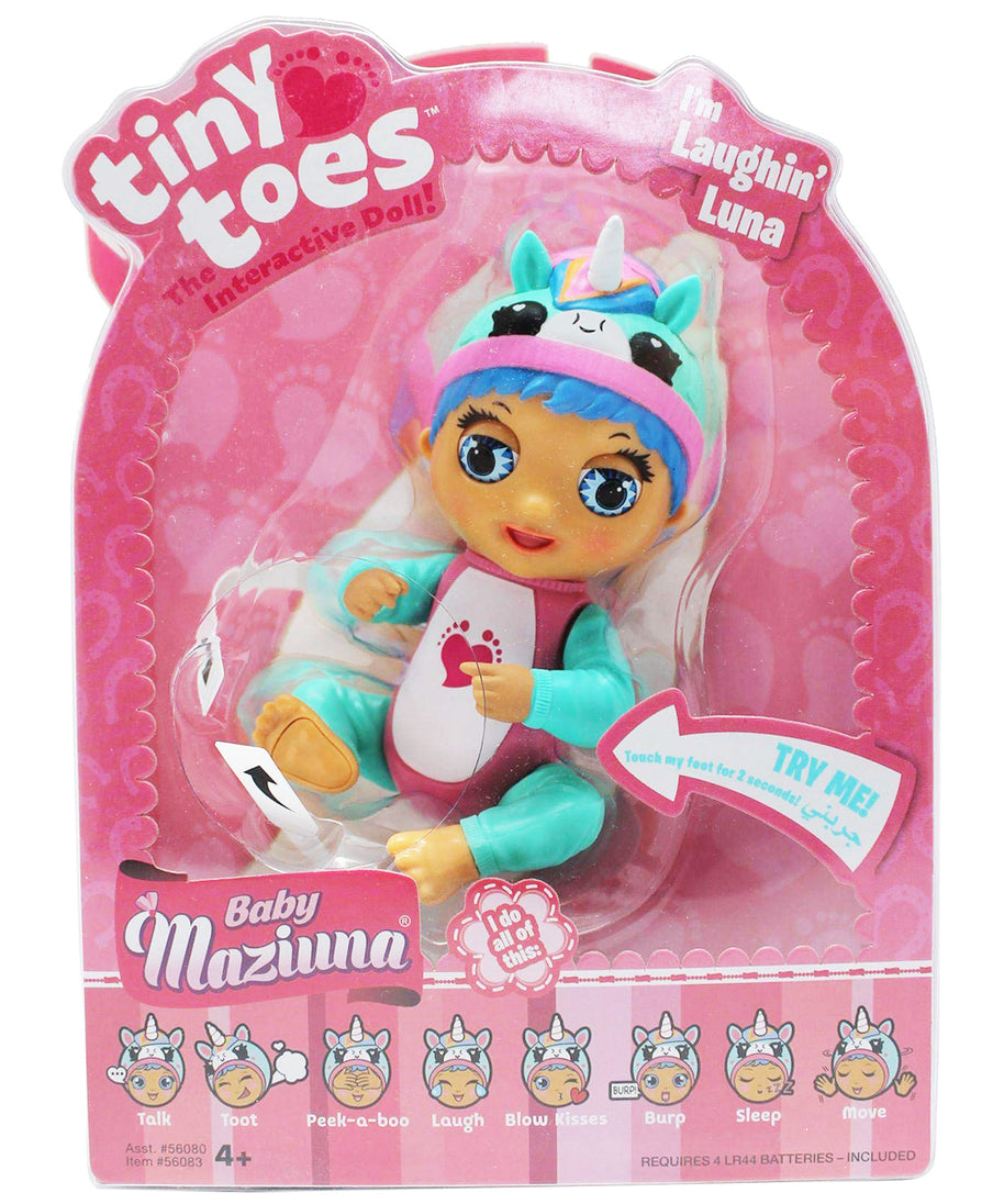 Baby Maziuna BM56080 Tiny Toes Interactive Doll, Reacts to Touch, Motion and Light, Battery-Powered, Toy for Kids 12 Months and Above