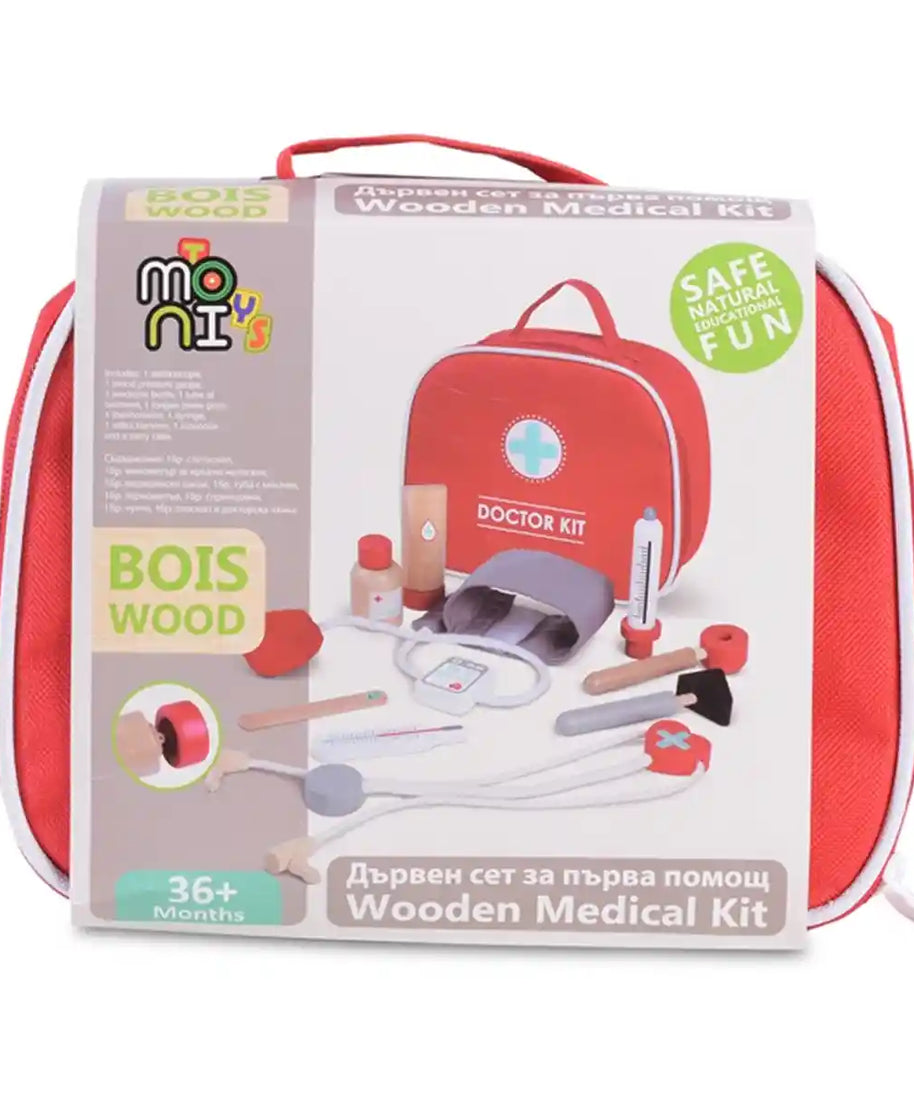 Edufun Wooden Doctor Kit for Kids, Complete Role-Play Set with Stethoscope, Thermometer, Syringe, Medicine Bottles & Portable Carry Case, Educational Pretend Play Toy for Ages 3+