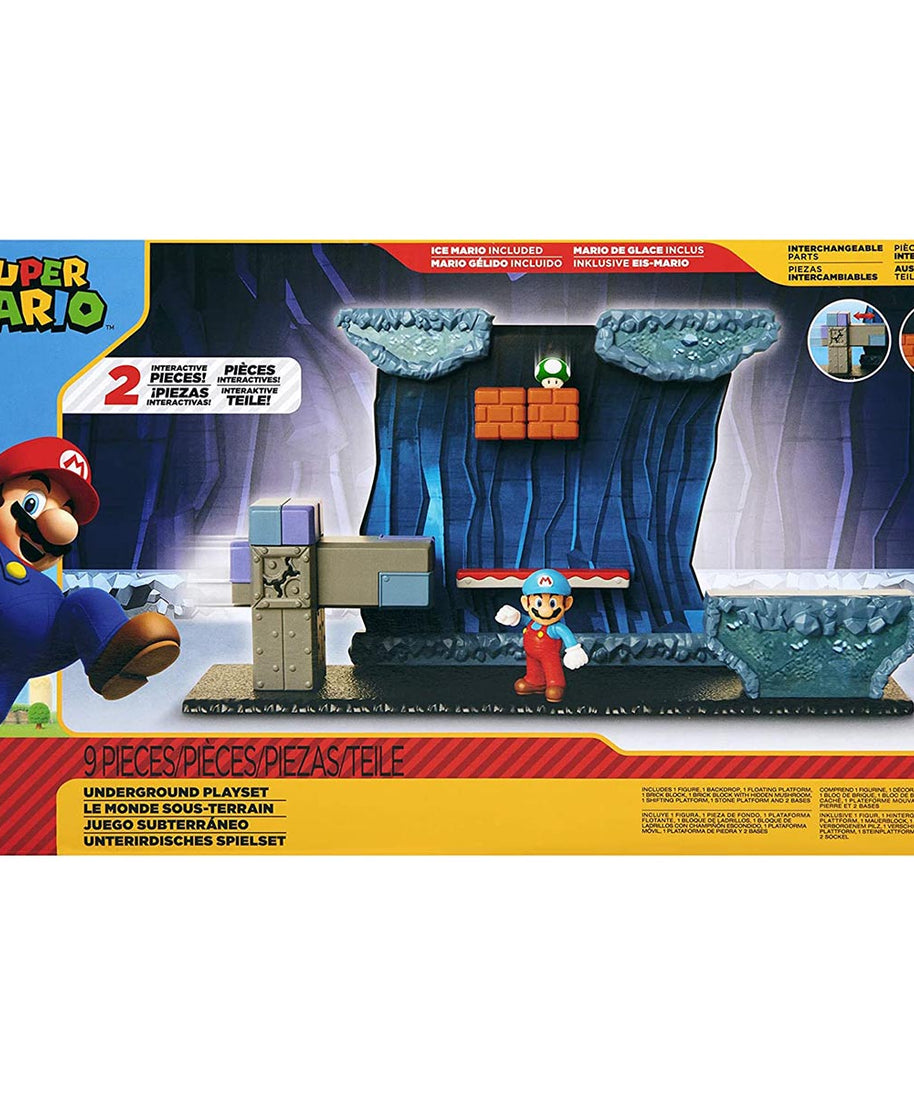 Nintendo Super Mario Underground Playset, 2.5-Inch Articulated Ice Mario Figure, 5 Interactive Environment Pieces, Brick Block with Pop-Up Mushroom
