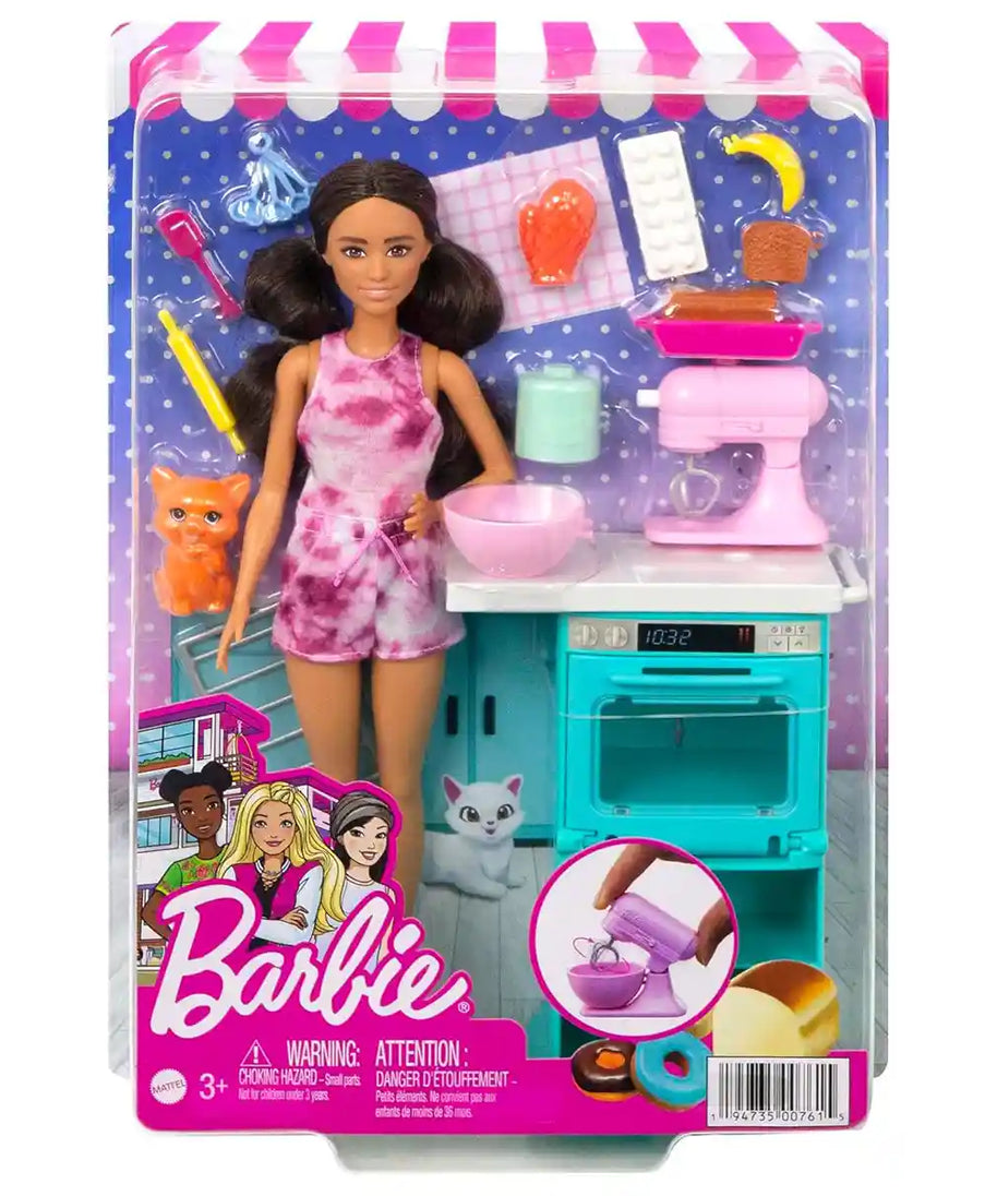 Barbie Kitchen Playset with Oven, Spinning Mixer, Pet Kitten and Baking Accessories, 10.5 Inch Brunette Doll for Kids 3 to 7 Years