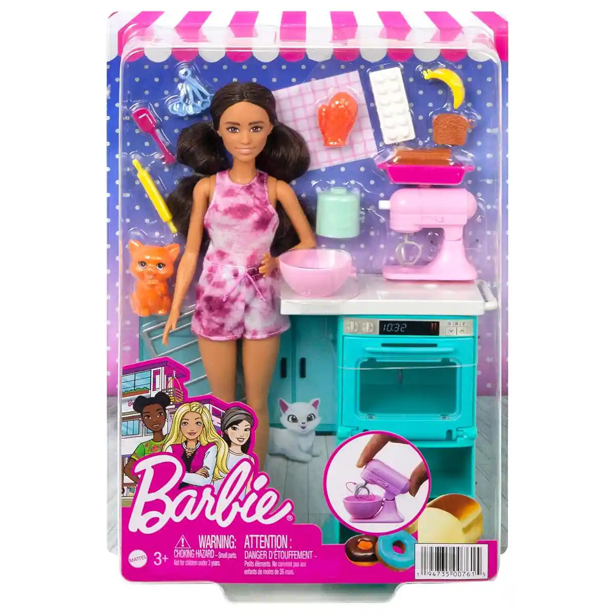Barbie Kitchen Playset with Oven, Spinning Mixer, Pet Kitten and Baking Accessories, 10.5 Inch Brunette Doll for Kids 3 to 7 Years