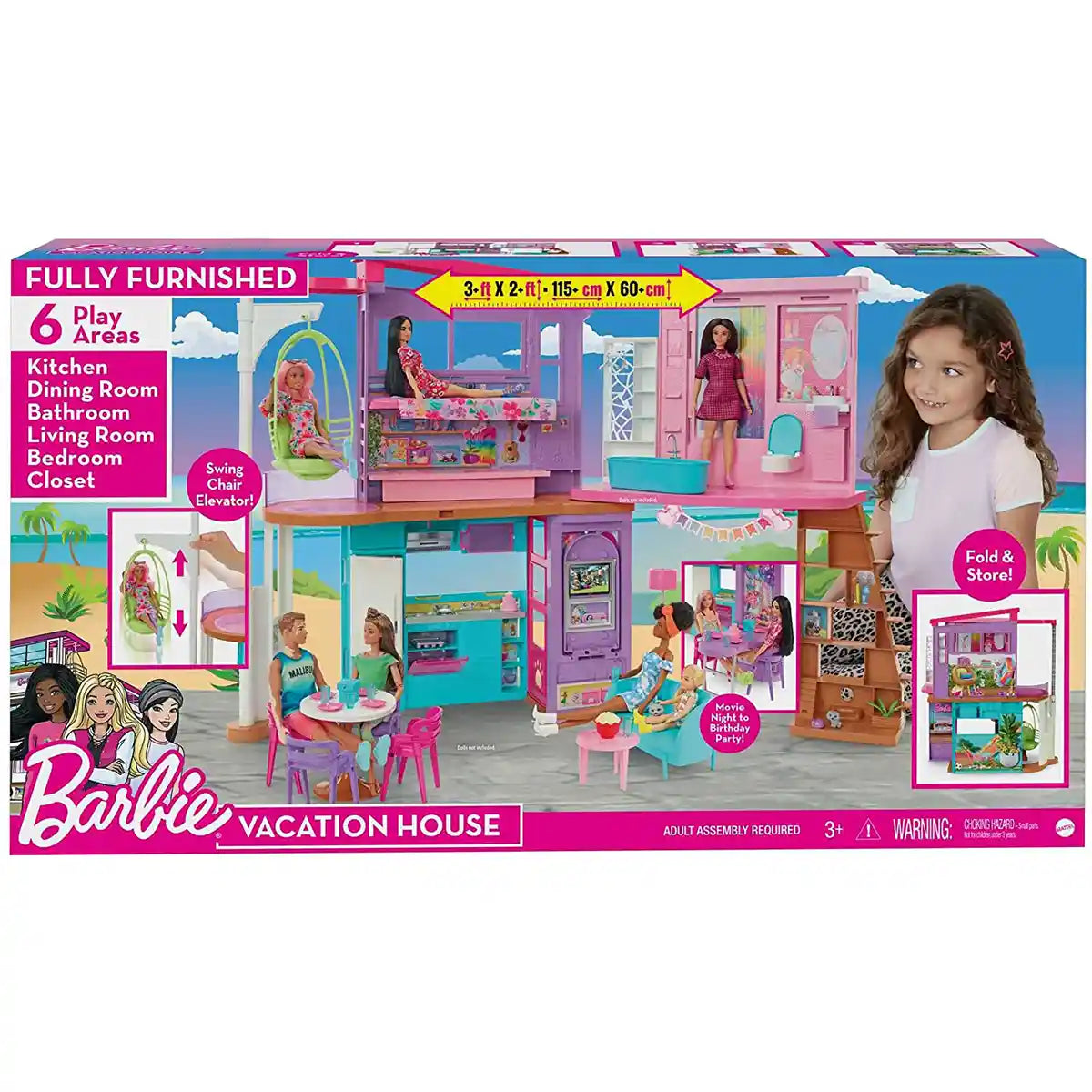 Barbie Malibu House 2-Story Dollhouse with 25+ Accessories & Transformation Features – Dollhouses for Kids Ages 3+