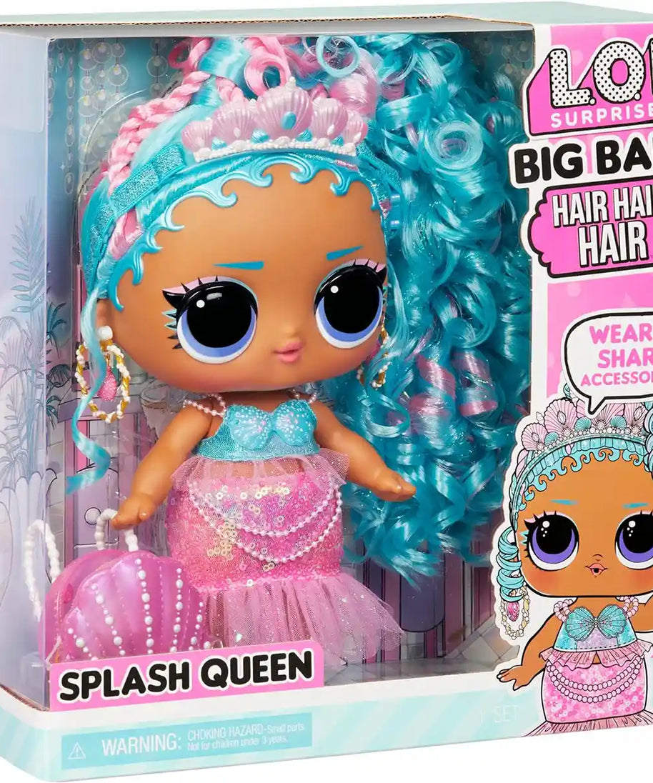 L.O.L. Surprise Big Baby, Hair Hair Hair, Splash Queen, 11-Inch Doll, Blue Pink Hair and Dress, Rooted Hair, Shareable Accessories, Backpack Included, Holiday Toy, Gift for Kids Ages 4+