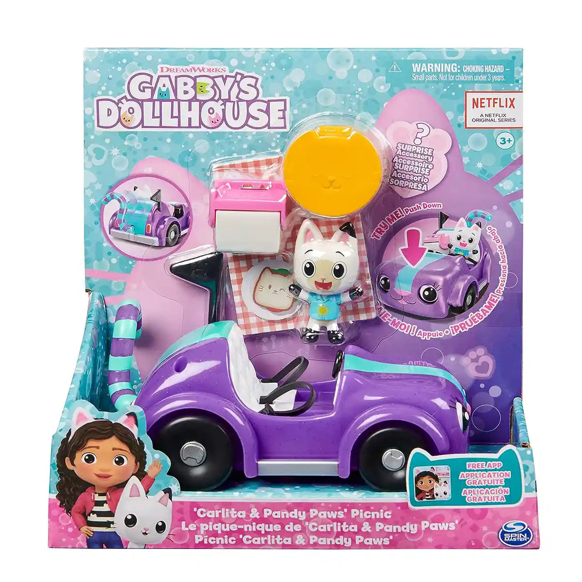 Gabby’s Dollhouse Carlita and Pandy Paws Picnic Set, Interactive Vehicle with Blinking Eyes and Moving Tail, Includes Exclusive Pandy Paws Figure, Picnic Accessories, Surprise Box, Toys for Kids Ages 3+