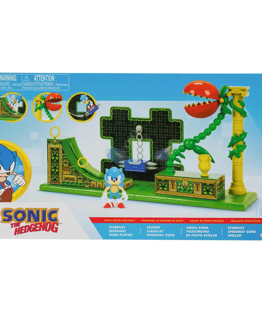 Sonic the Hedgehog 2.5" Stardust Speedway Zone Playset, Classic Sonic Figure, Interactive Ramp and Spike Platforms, Collectible Environment Pieces, Customizable Display, Kid-Powered, No Batteries Required, Jakks Pacific