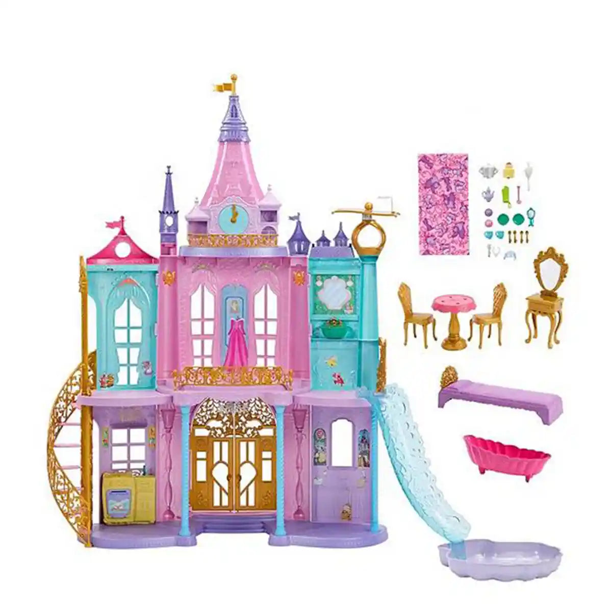 Disney Princess Dream Castle Playset, 4-Foot Magical Adventures Dollhouse with Lights, Sounds, Pool, Slide & 28 Accessories for Kids