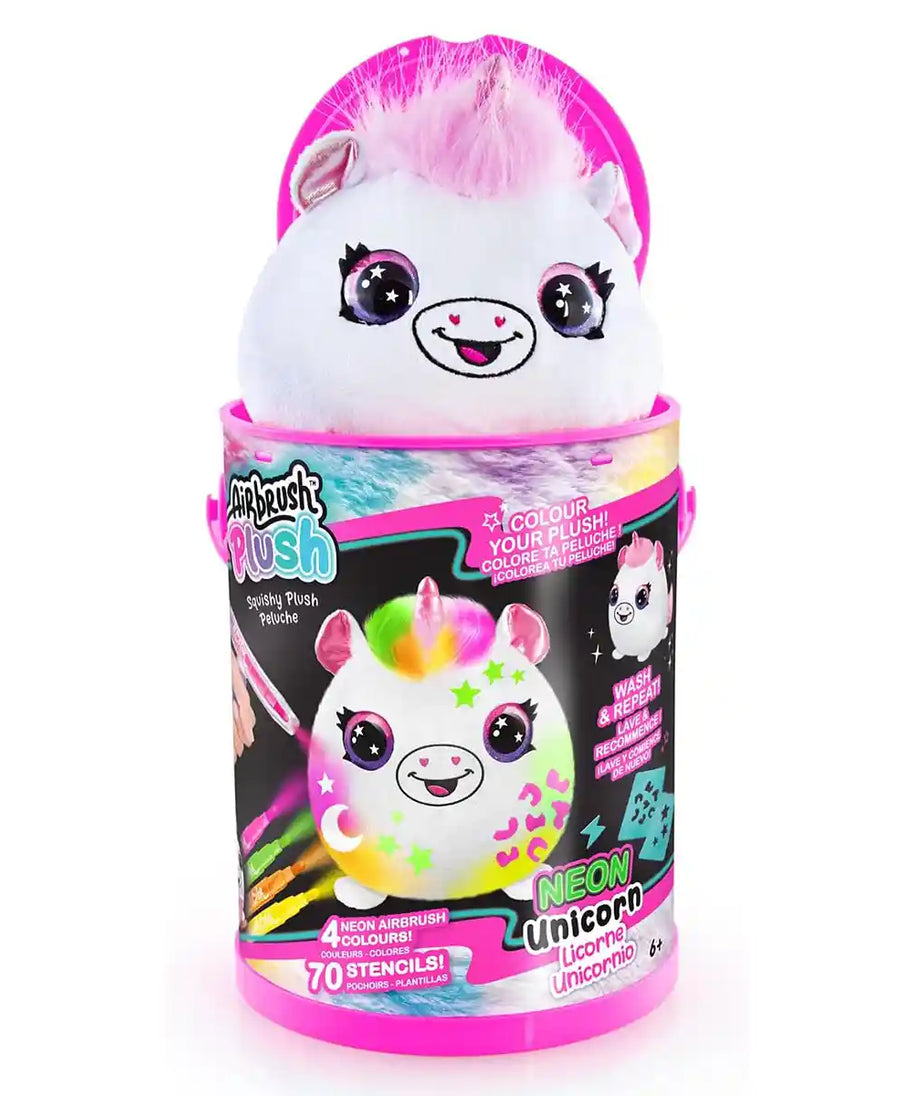 Airbrush Plush Neon Squish Pals Paint Can with Stencils, Markers and Airbrush Spray, Customizable Unicorn Plush Interactive Toy Figure for Kids Ages 6 and Up