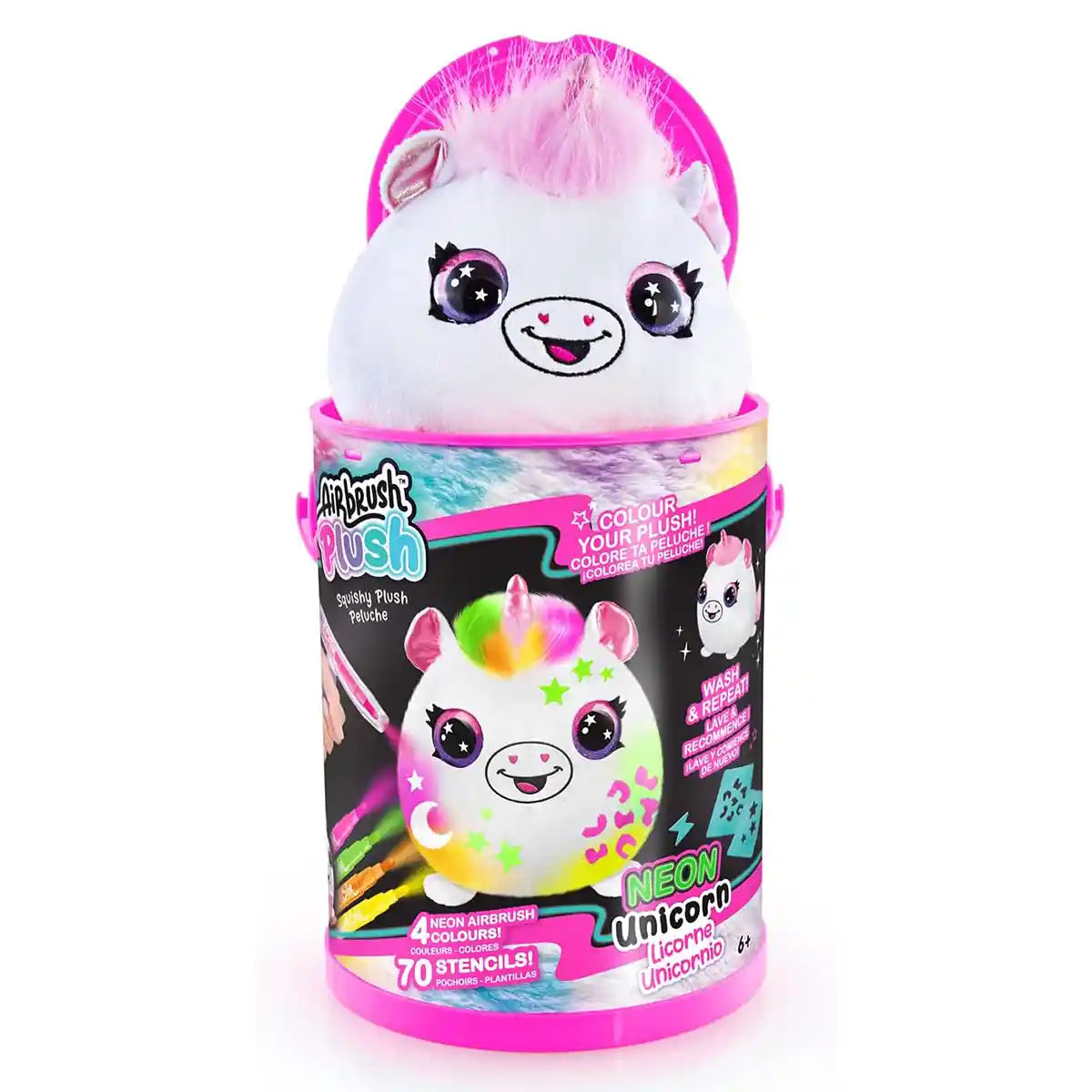 Airbrush Plush Neon Squish Pals Paint Can with Stencils, Markers and Airbrush Spray, Customizable Unicorn Plush Interactive Toy Figure for Kids Ages 6 and Up