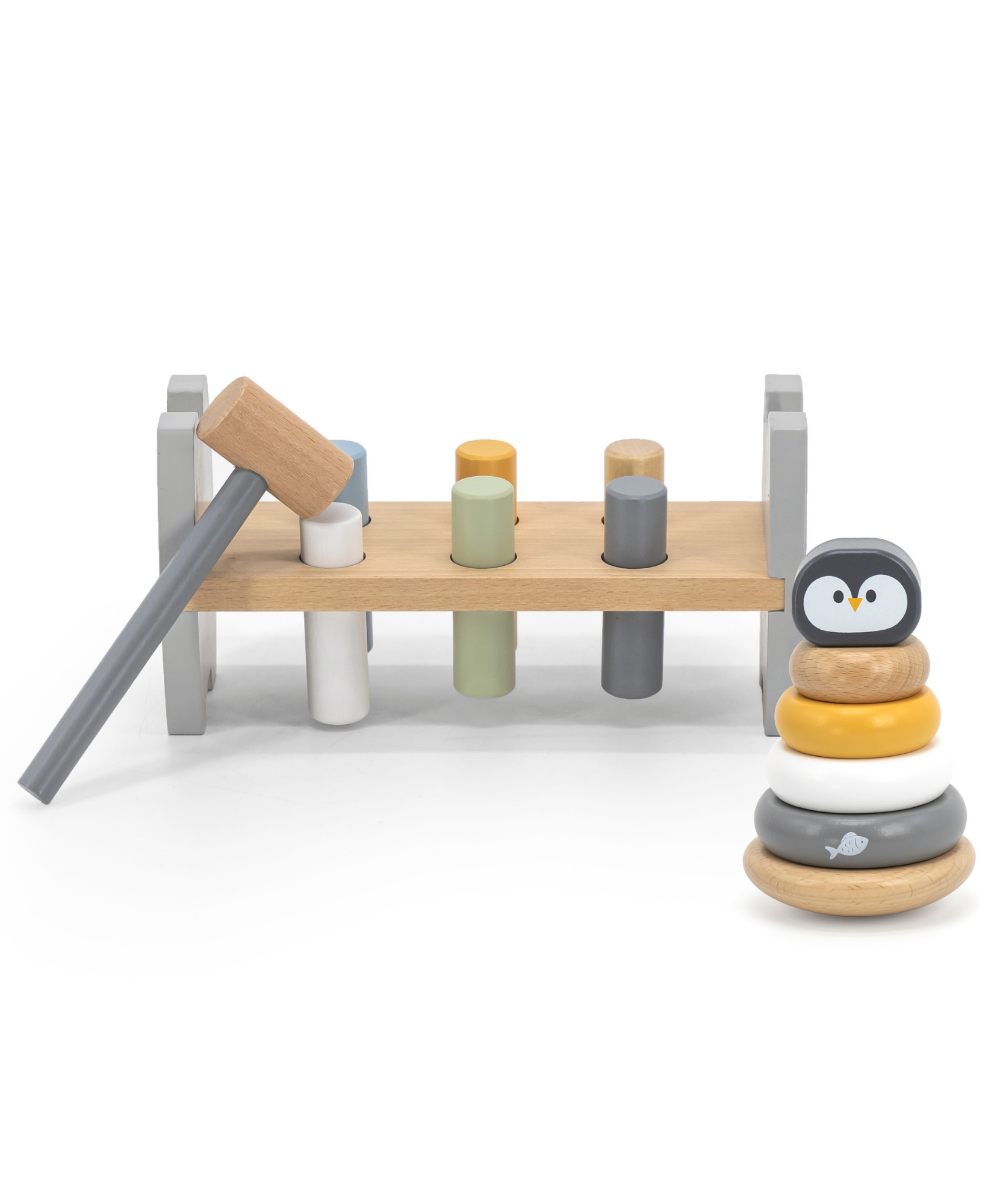 مقعد التكديس والضرب من PolarB Penguin، لعبة خشبية للأطفال 2 في 1 مع مقعد التكديس والضرب، تنمي المهارات الحركية الدقيقة والتنسيق بين اليد والعين، للأعمار من 12 شهرًا فما فوق