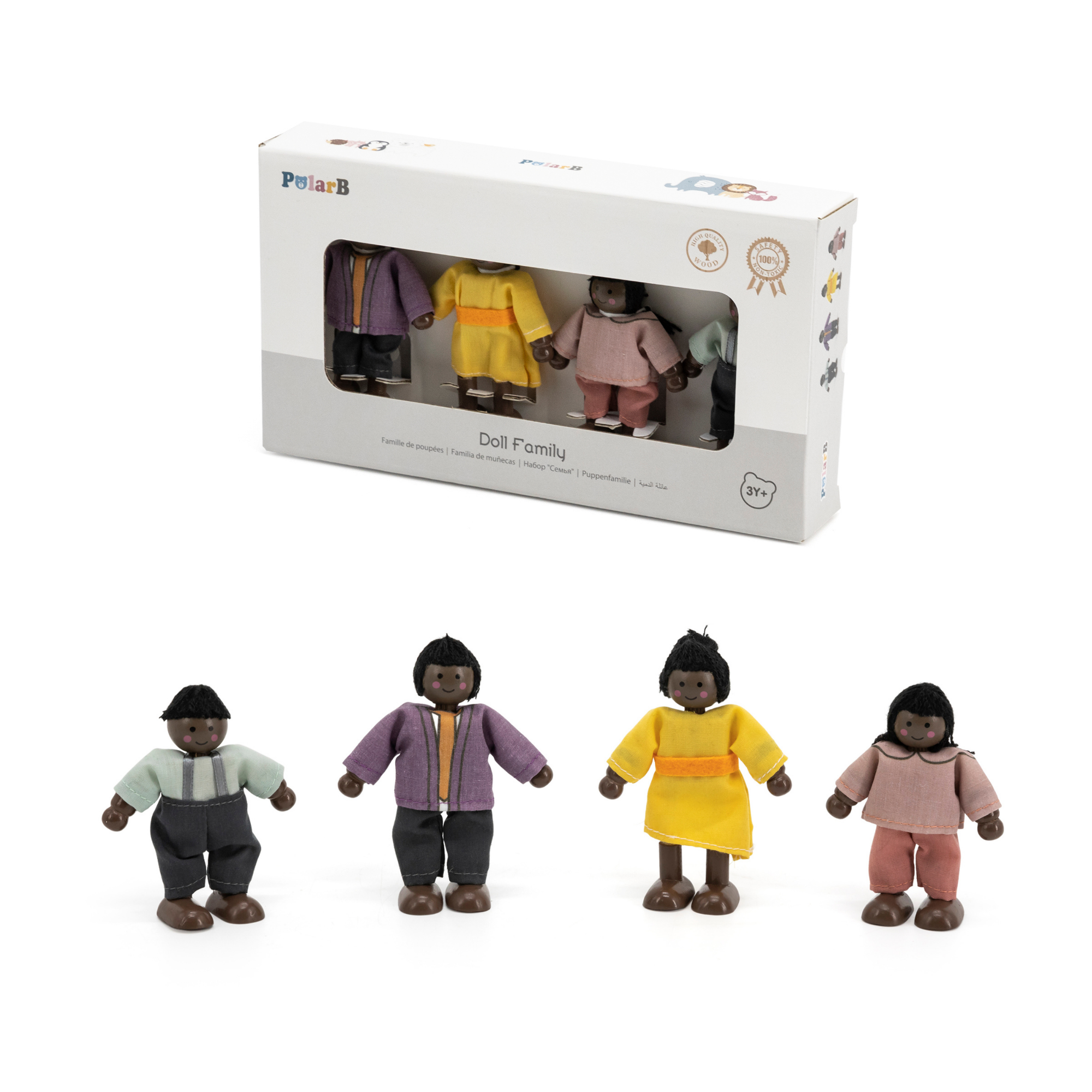 PolarB Wooden Doll Family Set 44255, 4-Piece Poseable Figures with Fabric Clothes, Ideal for Dollhouse Play and Role-Playing for Ages 3+