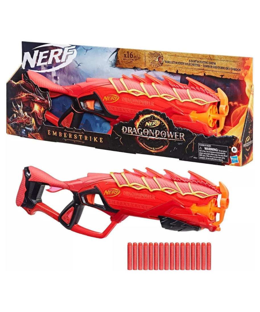 Nerf DragonPower Emberstrike Blaster, Dungeons & Dragons Inspired, 8-Dart Rotating Drum, Pump-Action, Includes 16 Nerf Elite Darts & Dart Storage, Toy Blaster for Kids Ages 8+
