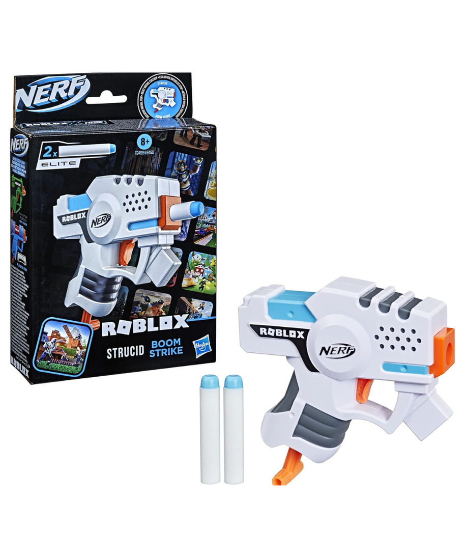 Nerf Roblox Strucid Boom Strike Dart Blaster, Exclusive Virtual Item Code, Compact Single-Shot Blaster, Includes 2 Nerf Elite Darts, Multicolour