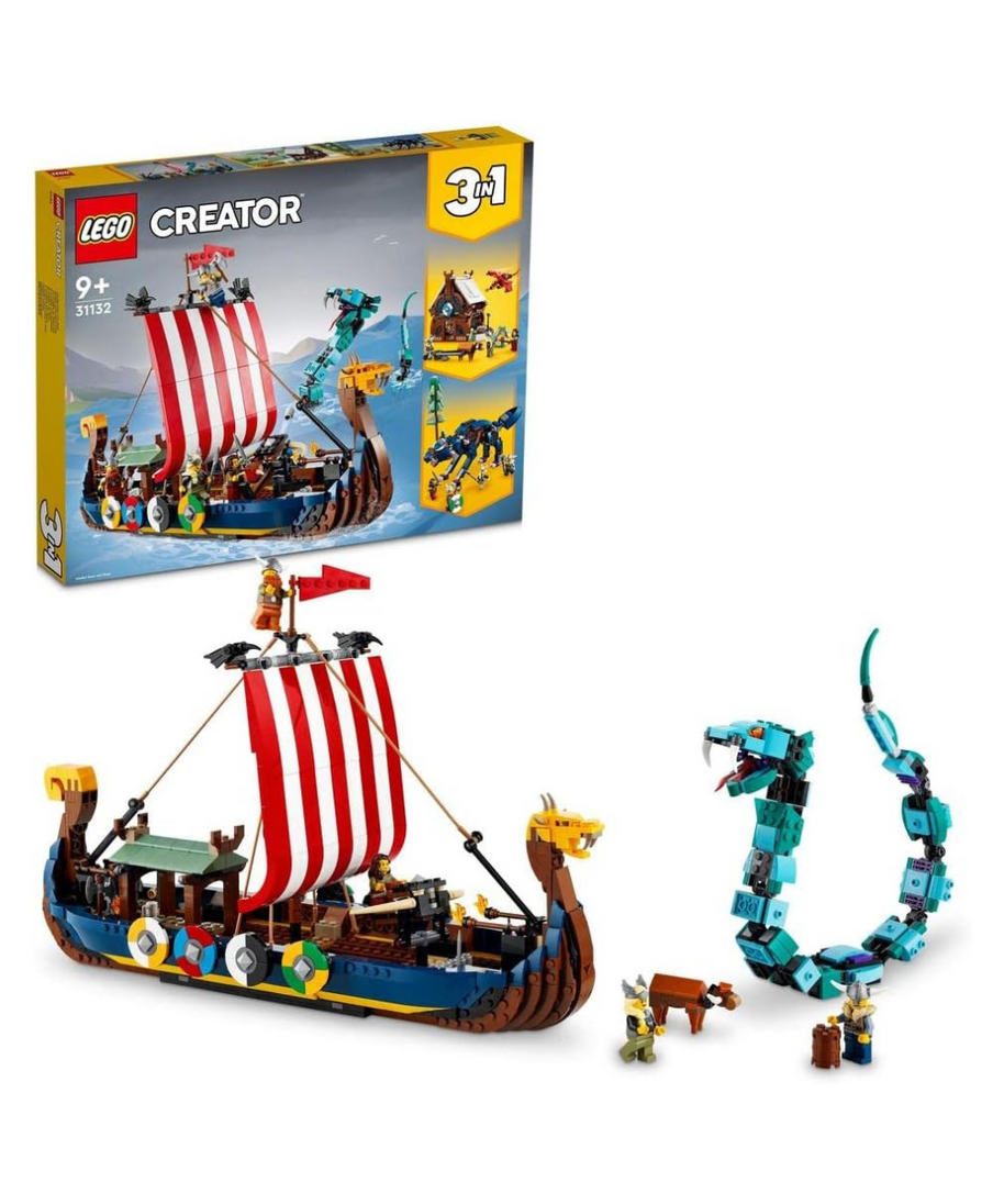 LEGO Creator 3in1 Viking Ship and the Midgard Serpent 31132, Build Ship, Viking House or Fenris Wolf with 4 Minifigures, Building Sets for Kids Ages 9+
