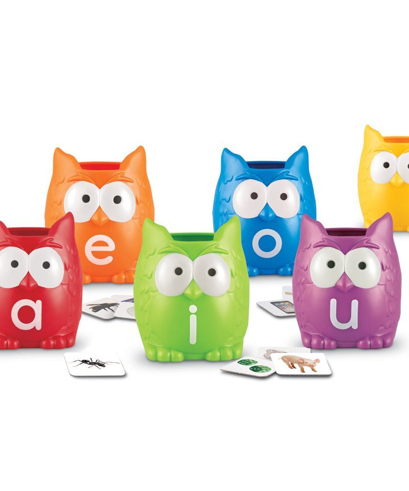 مجموعة فرز حروف العلة على شكل بومة من Learning Resources، نشاط تعليمي عملي للأطفال مع 100 بطاقة صور و6 حاويات بومة، تُعلّم أصوات حروف العلة القصيرة والطويلة، للأعمار من 5 سنوات فما فوق