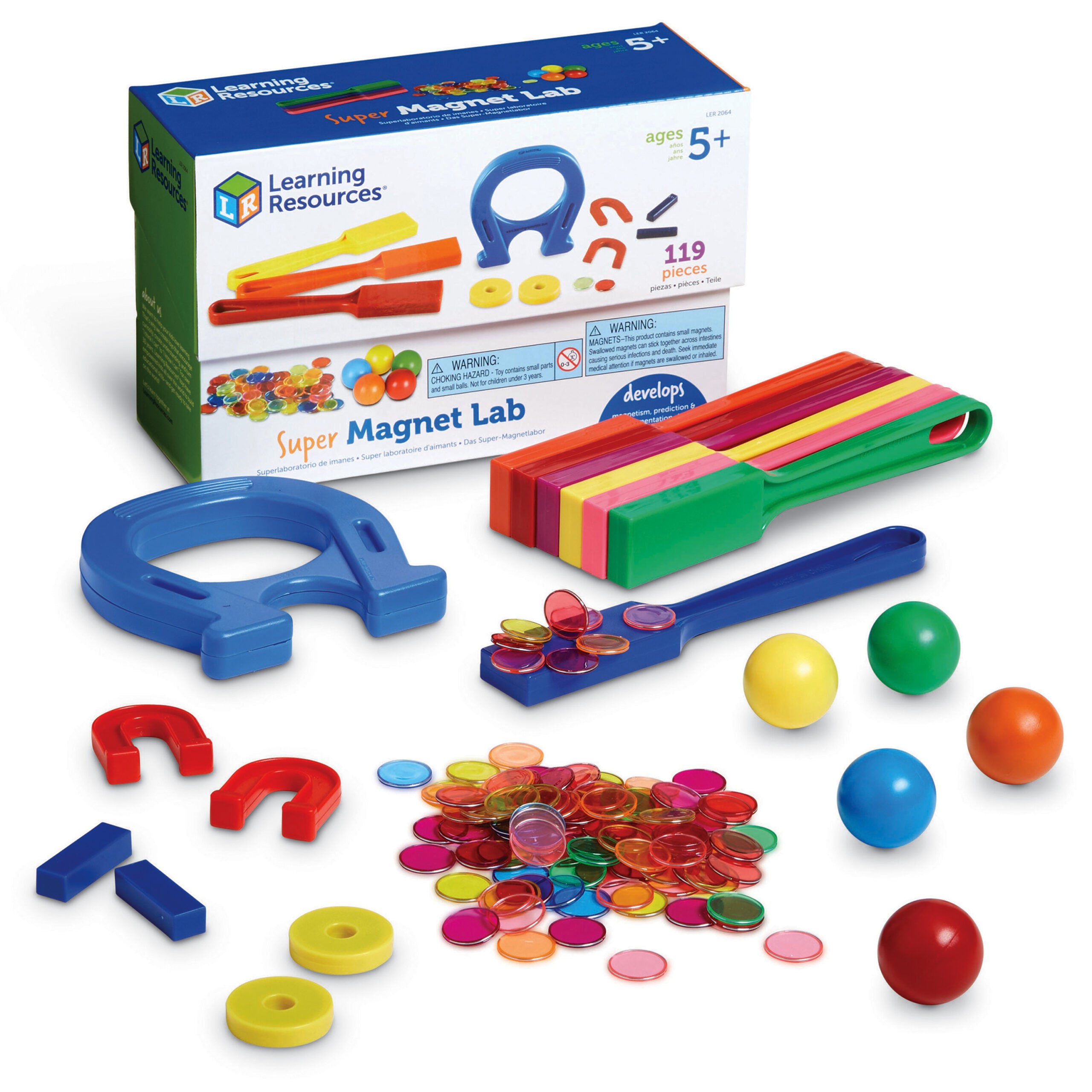 مجموعة مختبر الفصل الدراسي Super Magnet من Learning Resources، مجموعة مكونة من 224 قطعة لاستكشاف الخصائص المغناطيسية، تتضمن رقائق مغناطيسية، وكرات زجاجية، ومغناطيسات، وعصيًا، ودليل أنشطة، للأعمار من 5 سنوات فما فوق