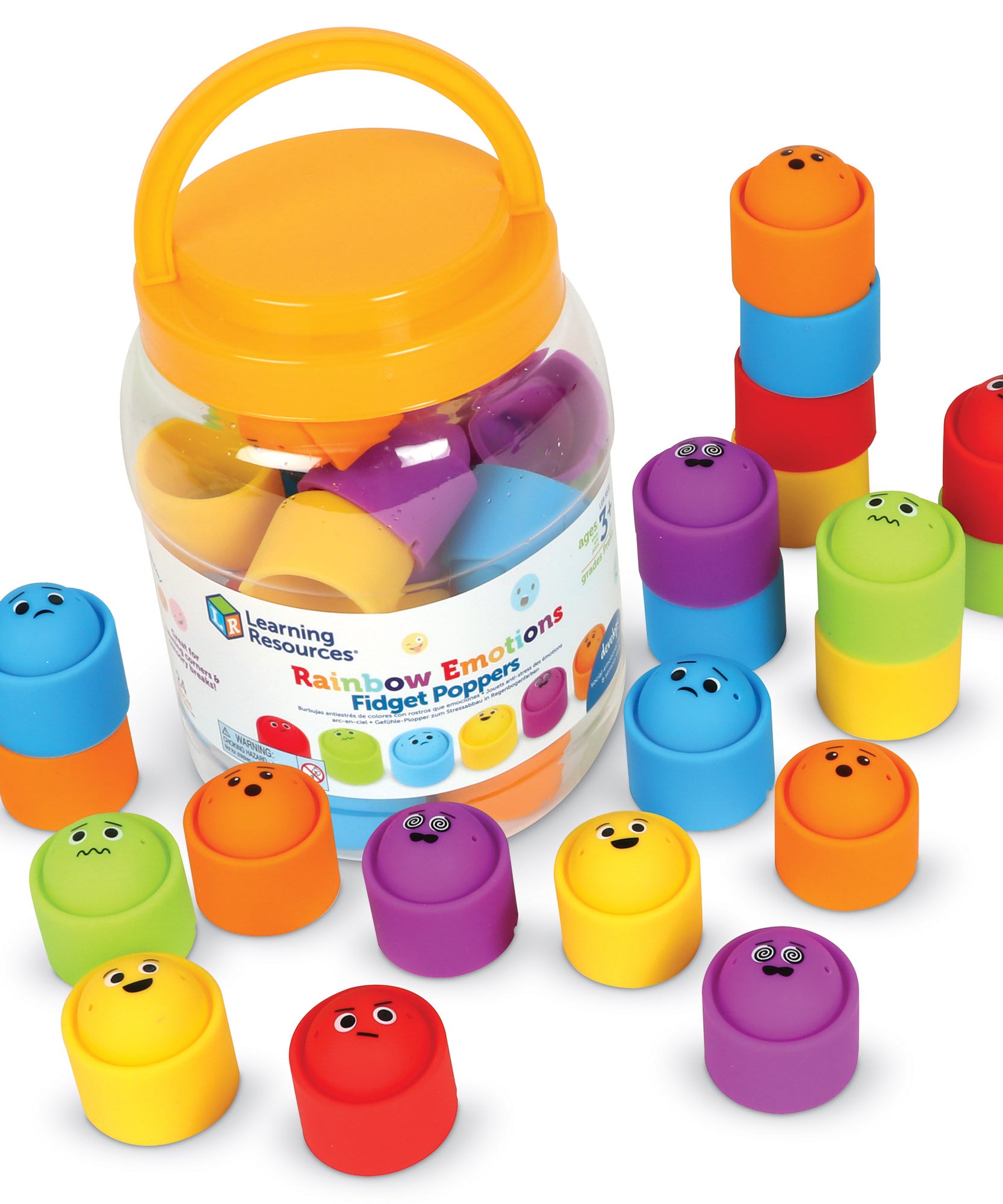 مجموعة أدوات فيدجيت بوبرز من مجموعة Rainbow Emotions من Learning Resources، مكونة من 24 أداة حسية قابلة للتكديس مع وجوه تعبيرية، تتضمن وعاء تخزين، مناسبة للأعمار من 3 سنوات فما فوق