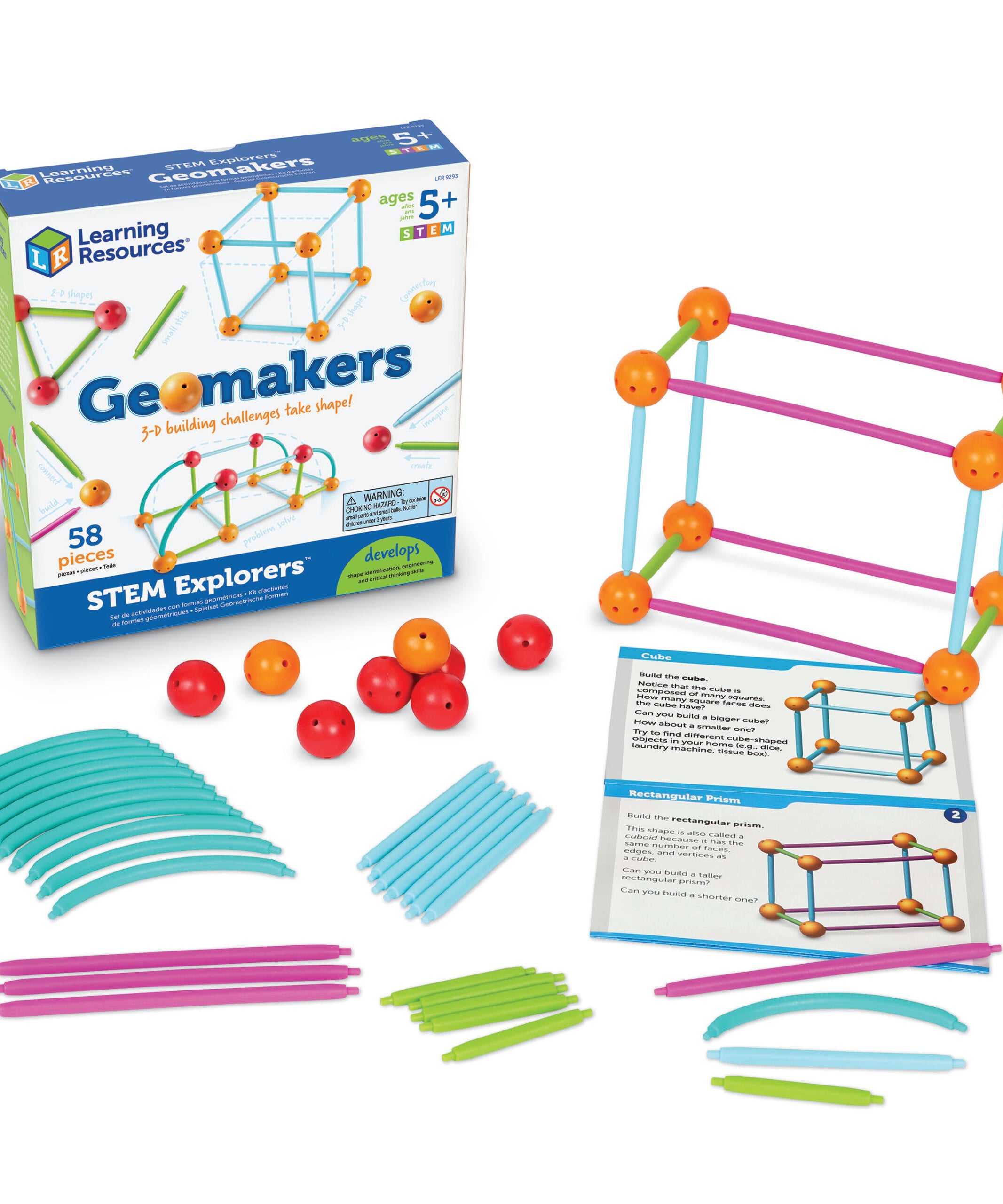 مجموعة بناء الهندسة STEM Explorers Geomakers من Learning Resources، مكونة من 58 قطعة للأطفال، من سن 5 سنوات فما فوق