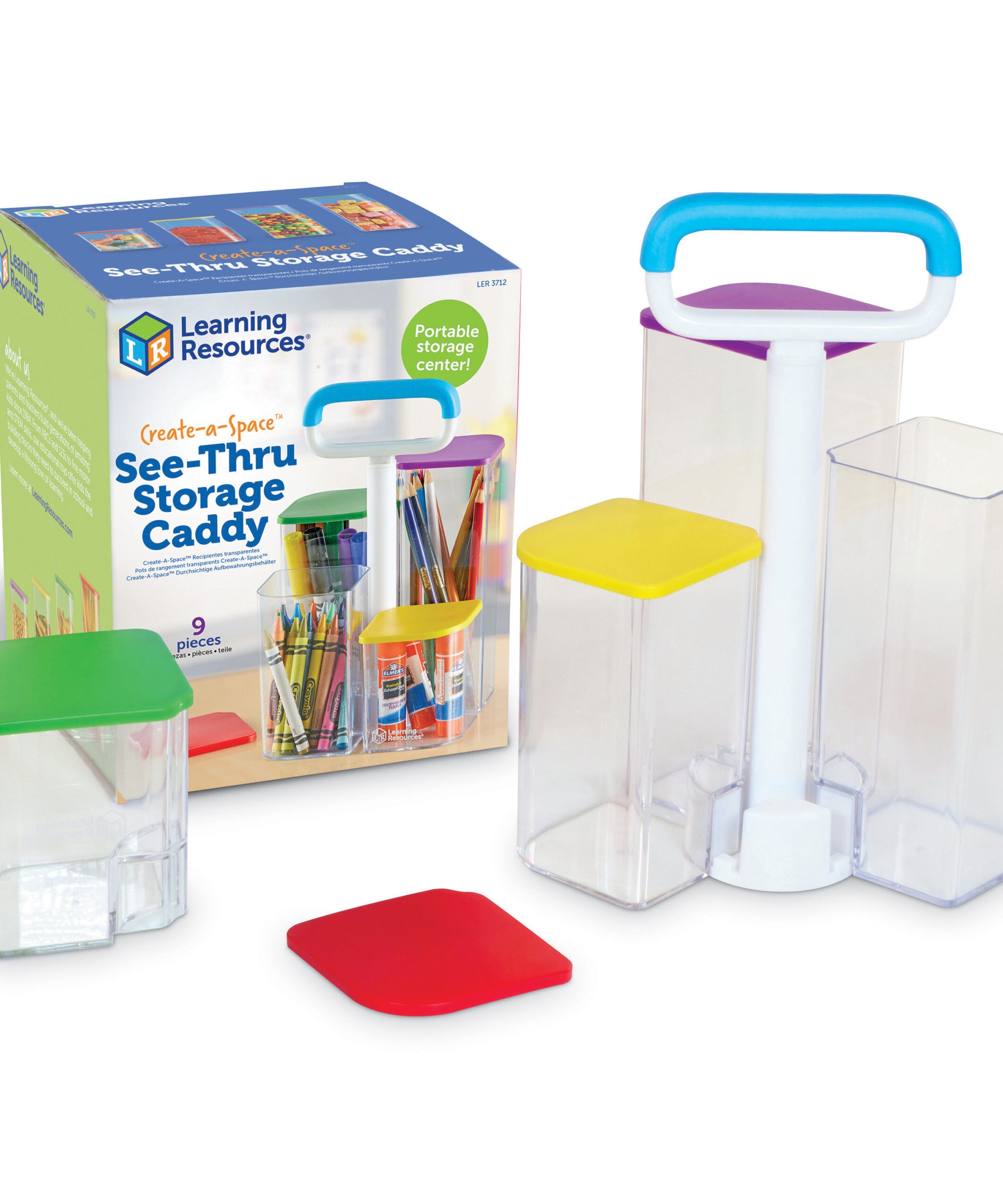 صندوق تخزين شفاف Create-a-Space من Learning Resources، منظم محمول مزود بأربعة صناديق شفافة وأغطية ملونة، مثالي لتخزين اللوازم الفنية أو الفصول الدراسية أو المطبخ