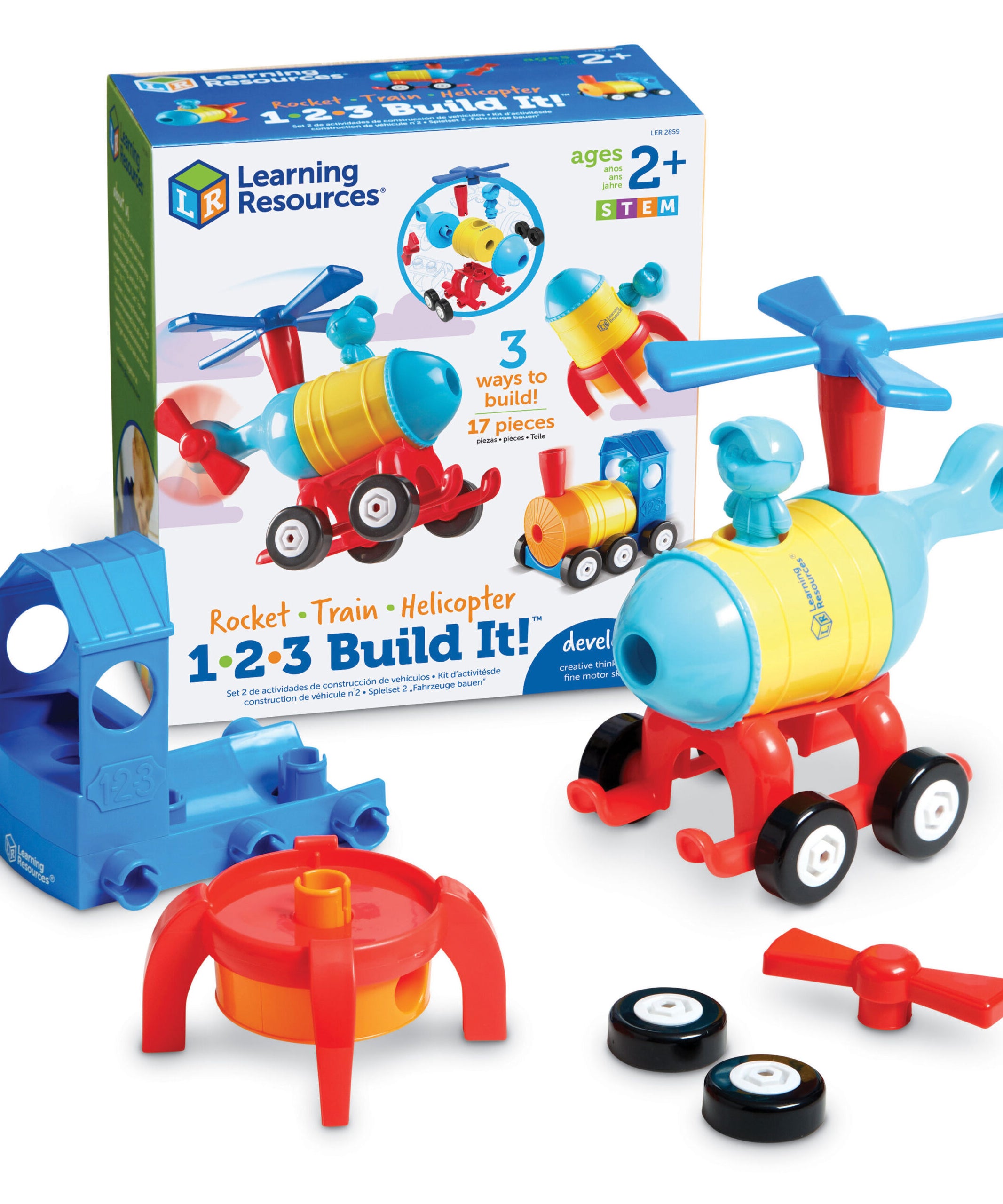 مجموعة بناء مركبة STEM 3 في 1 من Learning Resources للأطفال من عمر سنتين فما فوق: صاروخ-قطار-مروحية